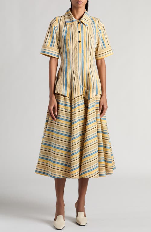 Shop Bottega Veneta Optical Crinkle Check Cotton Midi Shirtdress In Yellow/blue/black