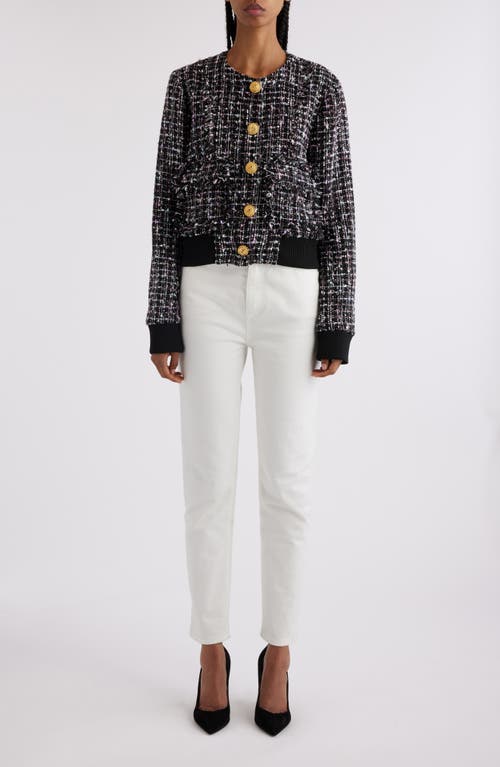 Shop Balmain Button-up Tweed Bomber Jacket In Eah Black Multi