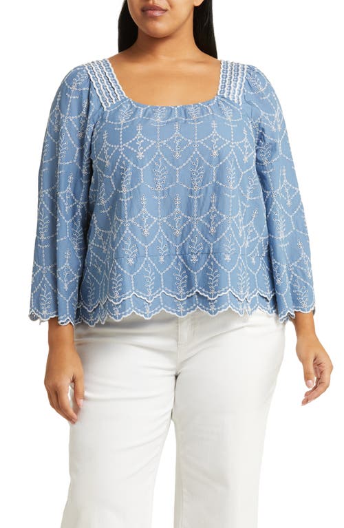 caslon(r) Pretty Embroidered Eyelet Cotton Top in Blue Coronet at Nordstrom, Size 1X