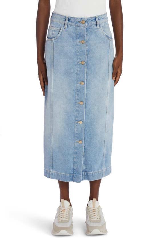 Shop Moncler Cotton Denim Midi Skirt In Rain Washed