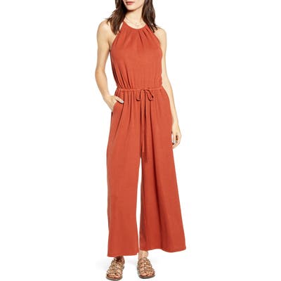 All In Favor Rib Tie Waist Jumpsuit, Red