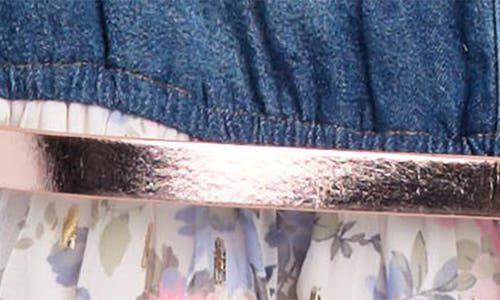 Shop Zunie Kids' Sleeveless Belted Denim & Flower Tiered Dress In Denim/sage