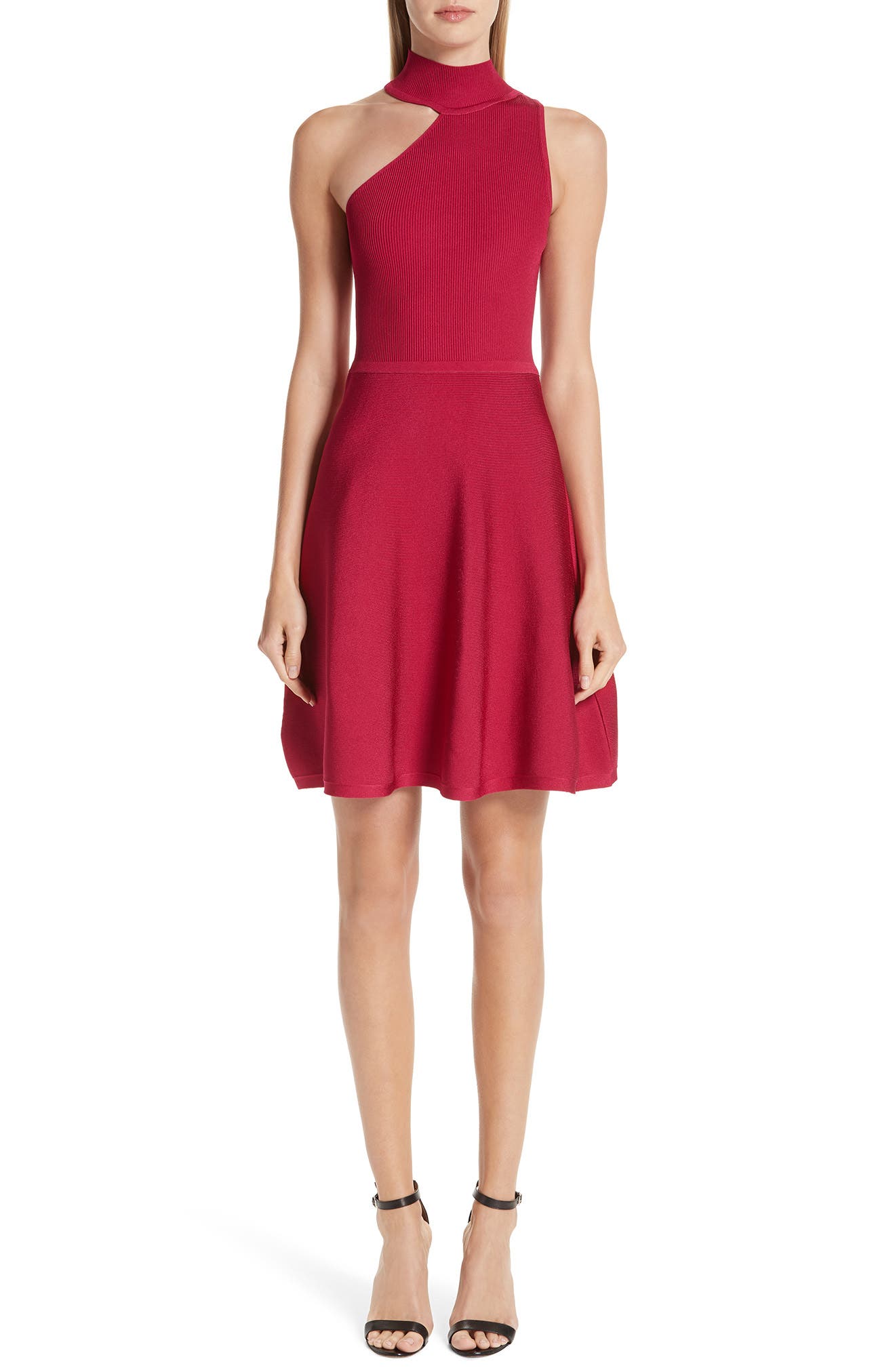 Cushnie Vika One-Shoulder Knit Flare Dress