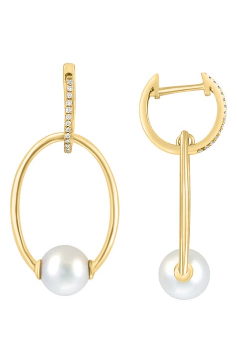 14K Gold Diamond & Freshwater Pearl Drop Earrings - 0.07ct.