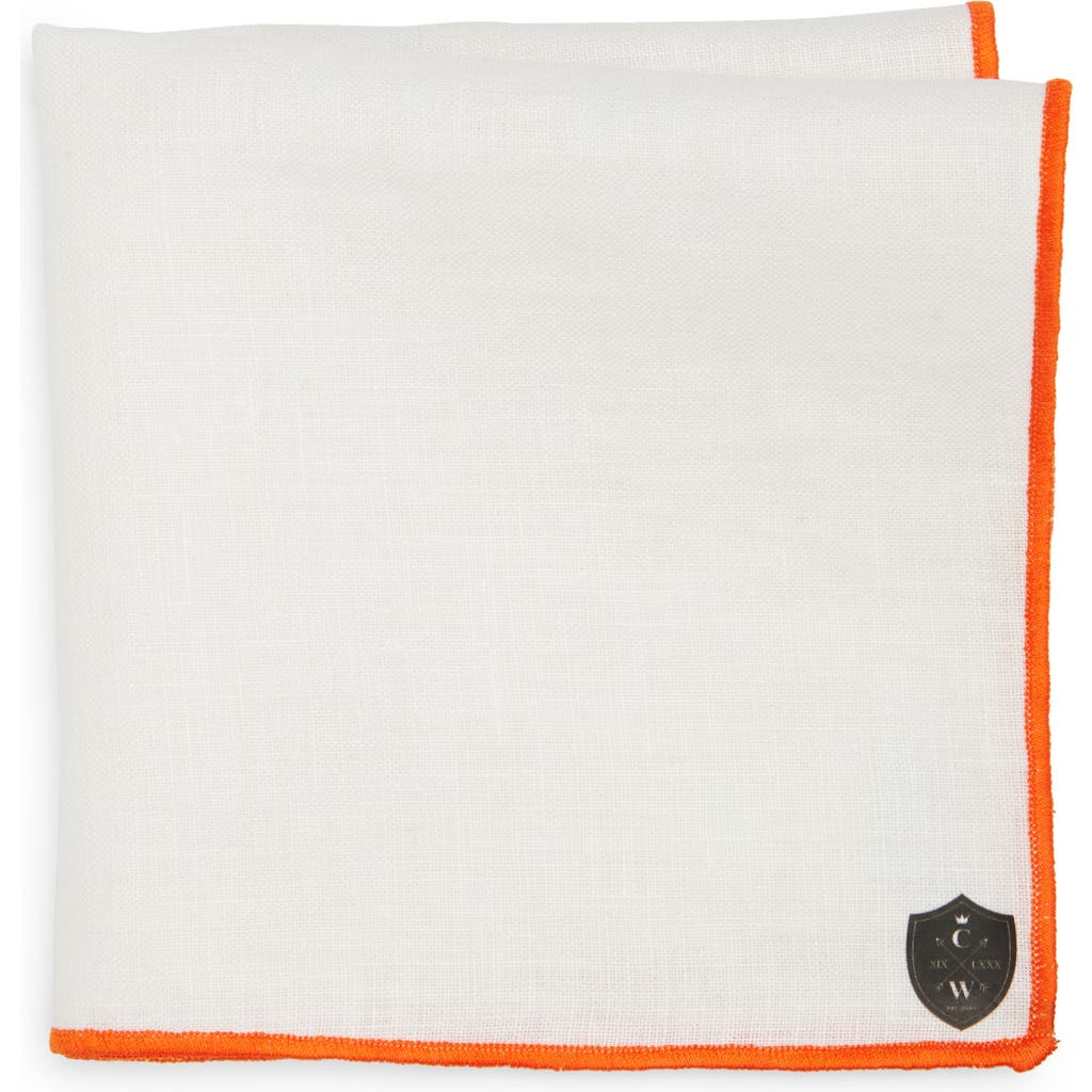 Clifton Wilson White Linen Pocket Square With Orange Trim In White/orange