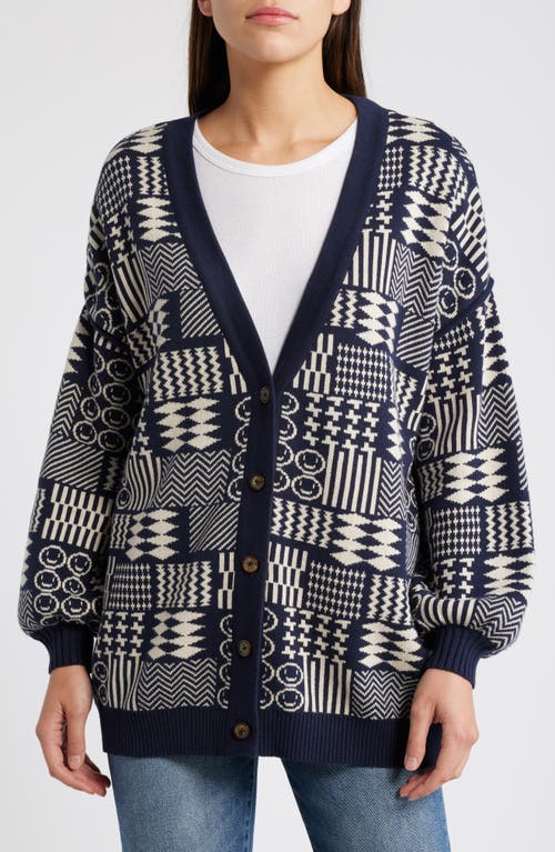 Shop Cleobella Feliz Patchwork Jacquard Cardigan In Blue/grey