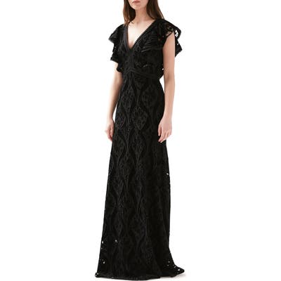 Ml Monique Lhuillier Embroidered Velvet Gown, Black