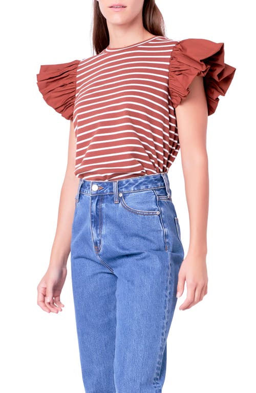 English Factory Mixed Media Stripe Ruffle Sleeve Top In Brown/white