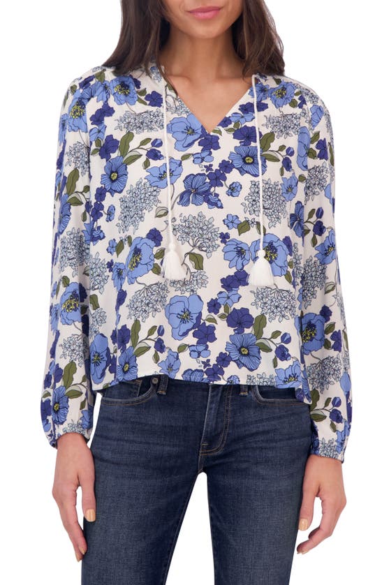 Shop Lucky Brand Lana Floral Print Tassel Blouse In Blue Multi