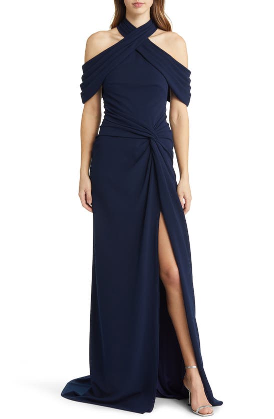 Tadashi Shoji Cold Shoulder Crepe Gown In Blue | ModeSens