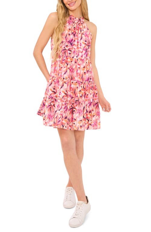 Cece Floral Tiered Ruffle Stretch Cotton Dress In New Ivory/pink Floral