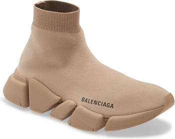 Balenciaga Light Brown Knit Fabric Speed Trainer High-Top Sneakers