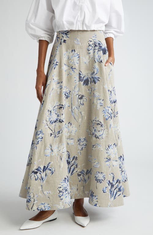 Lela Rose Floral High Waist Linen Skirt In Oxford
