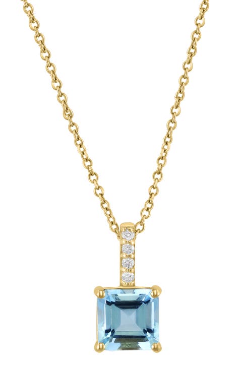14K Gold Diamond & Aquamarine Pendant Necklace