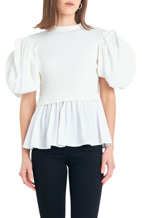 English Factory Mixed Media Puff Sleeve Top In Ivory
