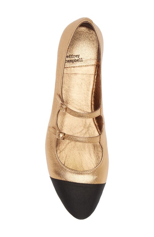 Shop Jeffrey Campbell Satine Double Strap Metallic Mary Jane Flat In Gold/black Fabric