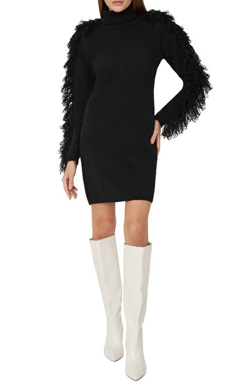 Milly Rowe Fringe Long Sleeve Sweater Minidress in Black at Nordstrom, Size Petite