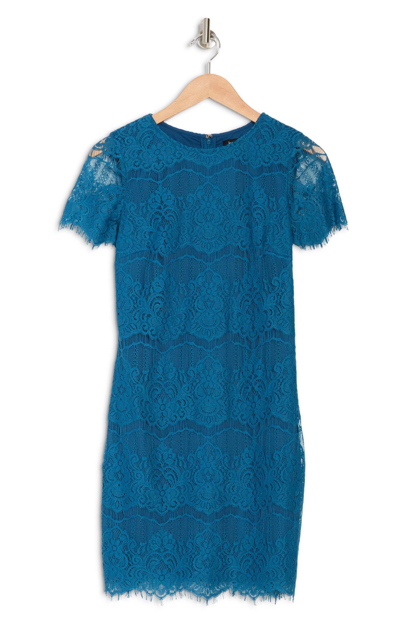 Kensie Scalloped Short Sleeve Lace Dress In Peacock
