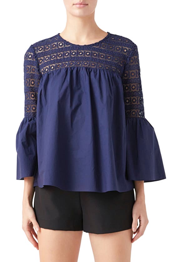 Shop Endless Rose Bell Sleeve Lace Poplin Blouse In Navy