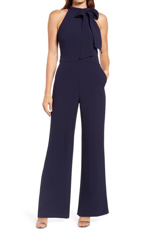 Bow Neck Stretch Crepe Jumpsuit in Navy