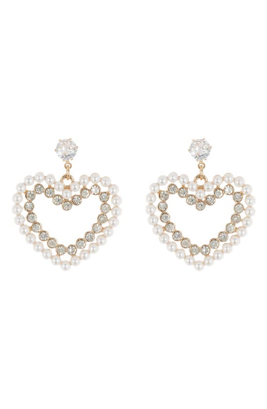 Cara Crystal & Imitation Pearl Heart Drop Earrings In Gold/ Pearl