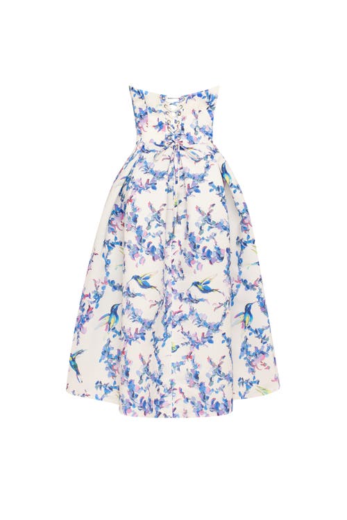 Milla Strapless Midi Dress With Bird And Flower Print, Garden Of Eden In Lavender Birds