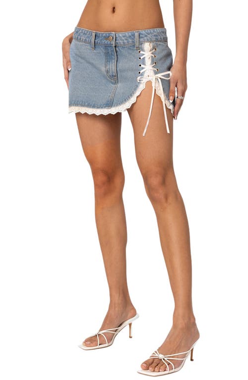 Edikted Lace-up Denim Miniskirt In Blue-washed