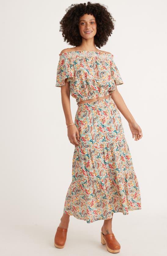 Shop Marine Layer Nora Smocked Off The Shoulder Cotton Top In Multi Paisley