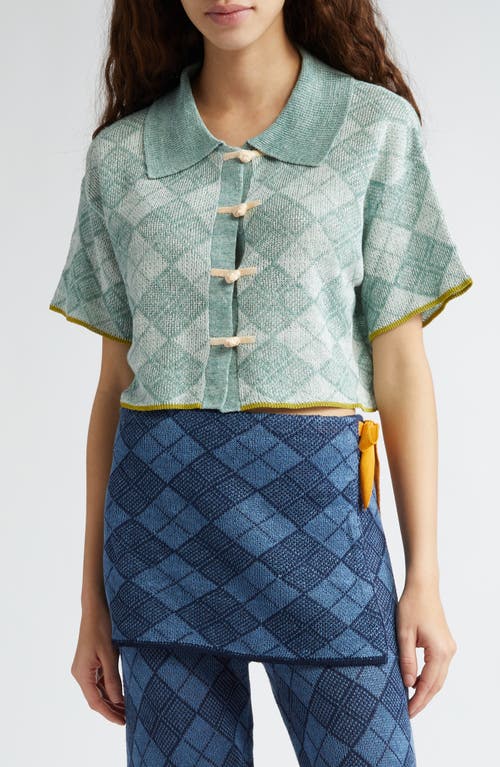 Argyle Short Sleeve Linen Crop Cardigan in Jade