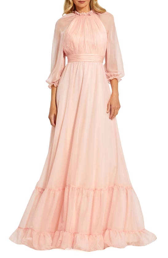 Shop Mac Duggal Sheer Sleeve Gathered Chiffon A-line Gown In Blush