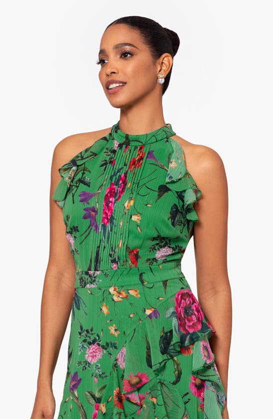 Betsy & Adam Petite Women's Ruffled Floral Halter Gown In Green/ Multi