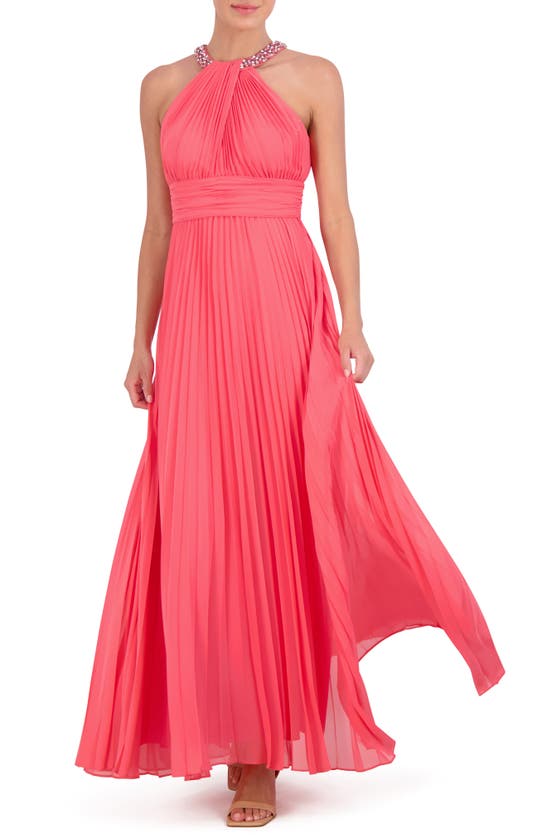 Shop Eliza J Crystal Detail Pleated Gown In Melon