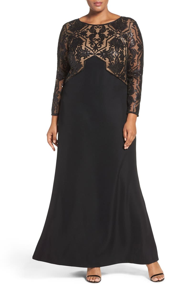 Tadashi Shoji Sequin Embroidered Crepe Gown with Train (Plus Size ...