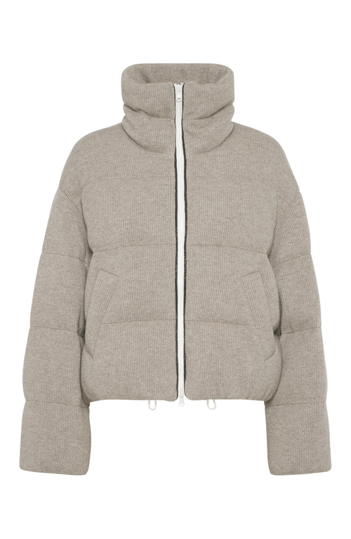 Shop Brunello Cucinelli Cashmere English Rib Knit Down Jacket With Shiny Trims In Cool Beige