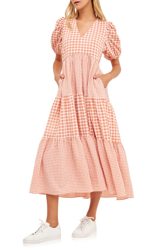 English Factory Mixed Gingham Tiered Dress In Sienna