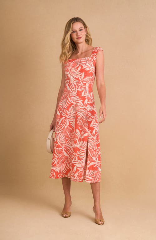 Shop Cece Leaf Print Ruched Strap Linen Blend Midi Dress In Tigerlily Red
