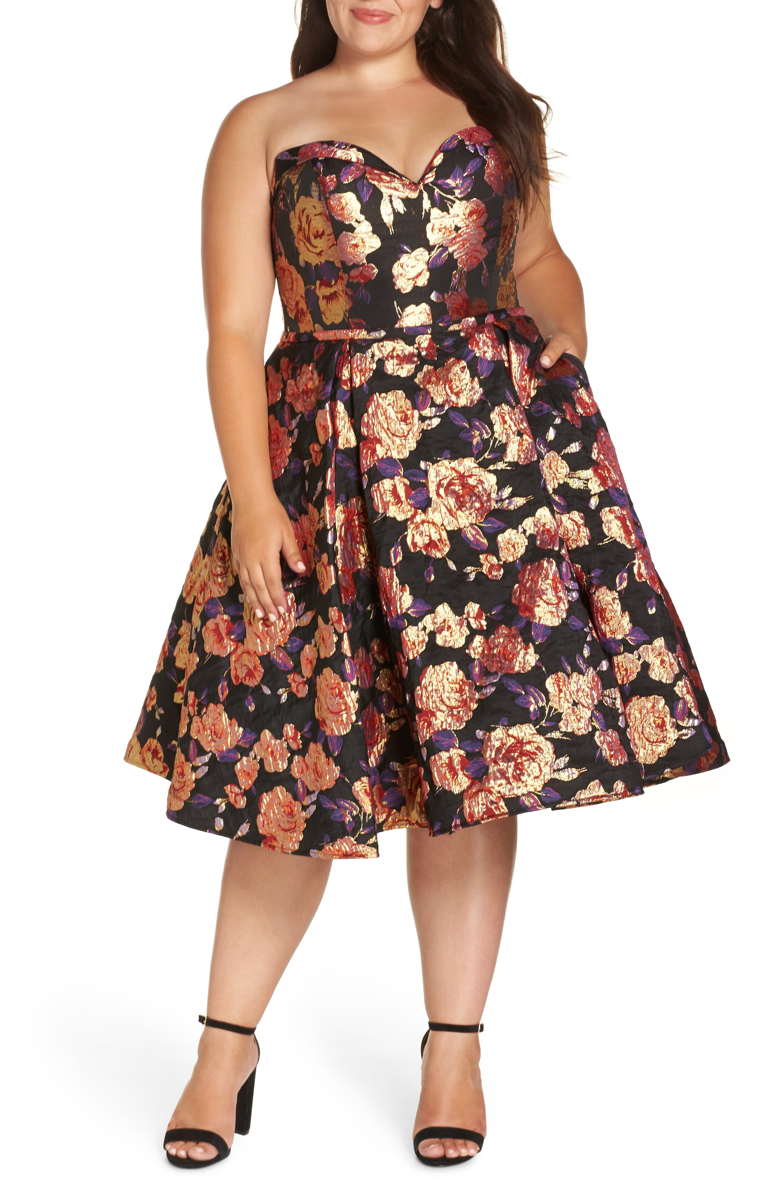 Plus Size MAC Duggal Bustier Floral Fit & Flare Dress, Black