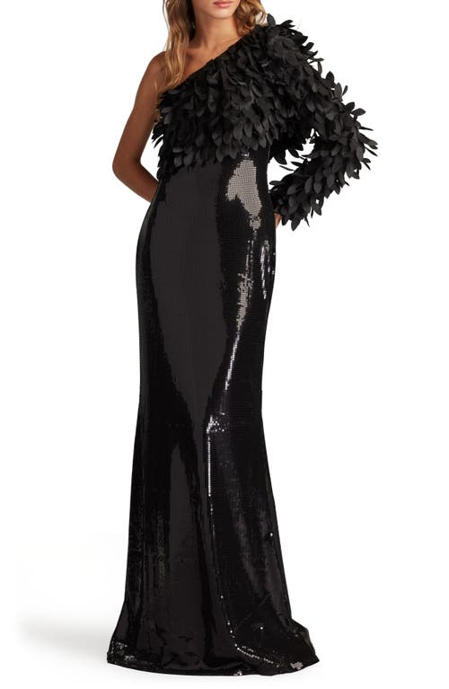Sequin Appliqué One-Shoulder Single Long Sleeve Gown in Black