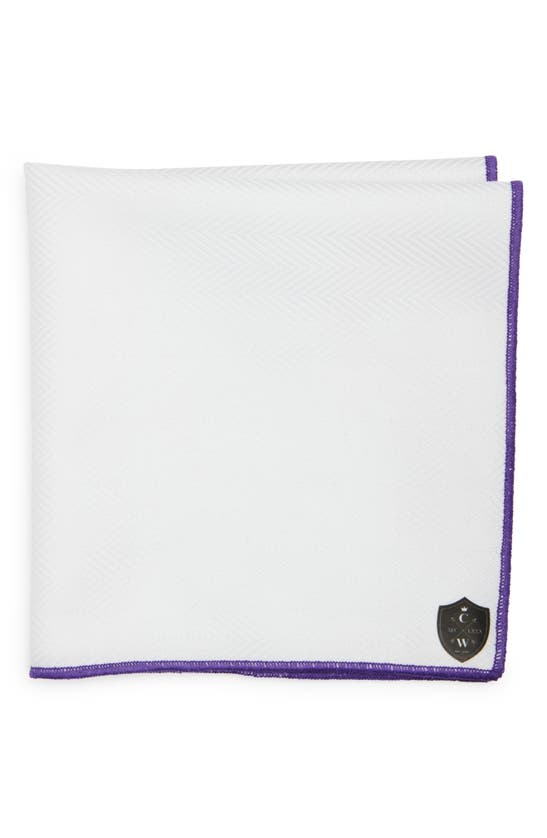 Shop Clifton Wilson White Cotton Herringbone Pocket Square With Purple Trim In White/ Purple