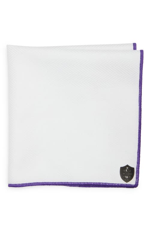 White Cotton Herringbone Pocket Square with Purple Trim in White/Purple
