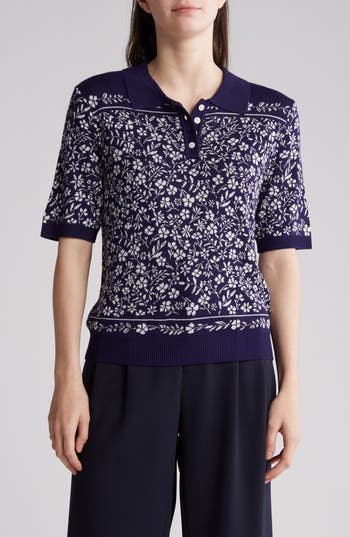 Gemma + Jane Floral Jacquard Sweater Polo In Blue
