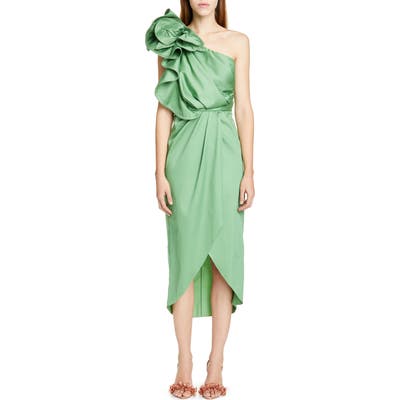 Johanna Ortiz Ruffle One-Shoulder Midi Dress, Green