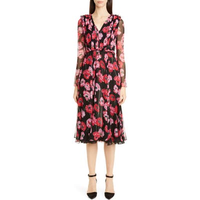 Jason Wu Collection Poppy Print Silk Chiffon Long Sleeve Dress, Black