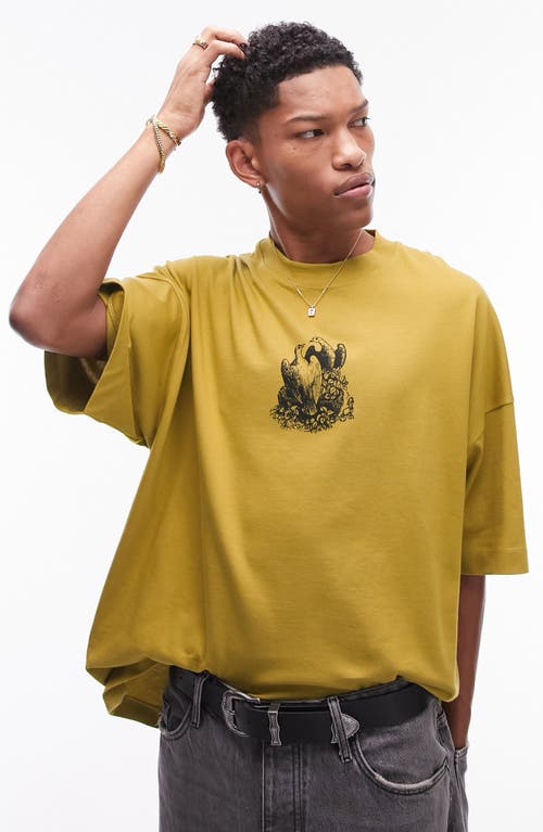 Topman Extreme Oversize Dove Graphic T-Shirt Mid Green at Nordstrom,