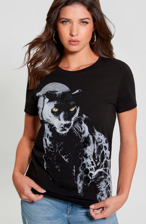 Shop Guess Panther Moon Embellished Organic Cotton Graphic T-shirt In Jet Black