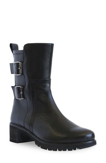 Shop Munro Buckle Moto Boot In Black Milled Calf Leather