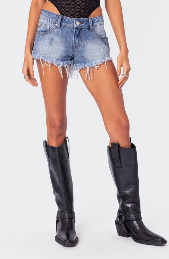 Edikted Erika Low Rise Frayed Denim Shorts In Blue