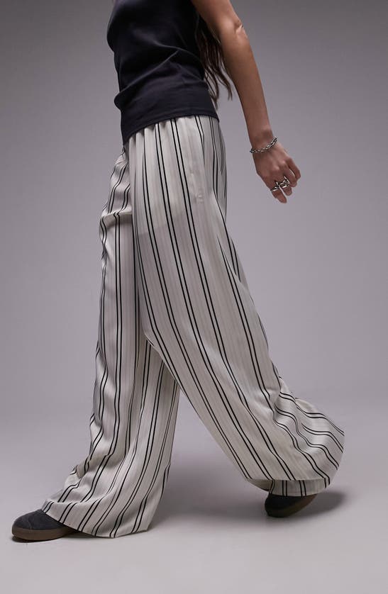 Shop Topshop Stripe Wide Leg Satin Pants In Cream