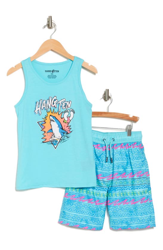 Shop Hang Ten Kids' Shark Tank Top & Swim Trunks Set In Blue Radiance