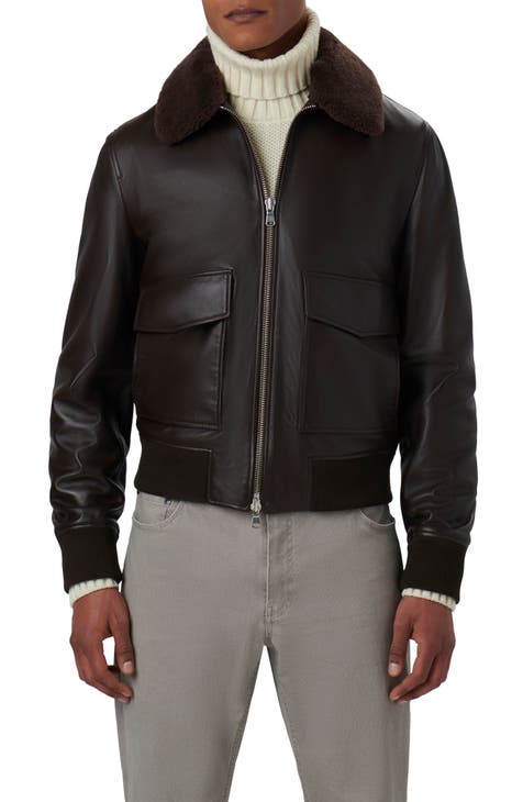 Leather Bomber Jacket with Removable Genuine Shearling Collar